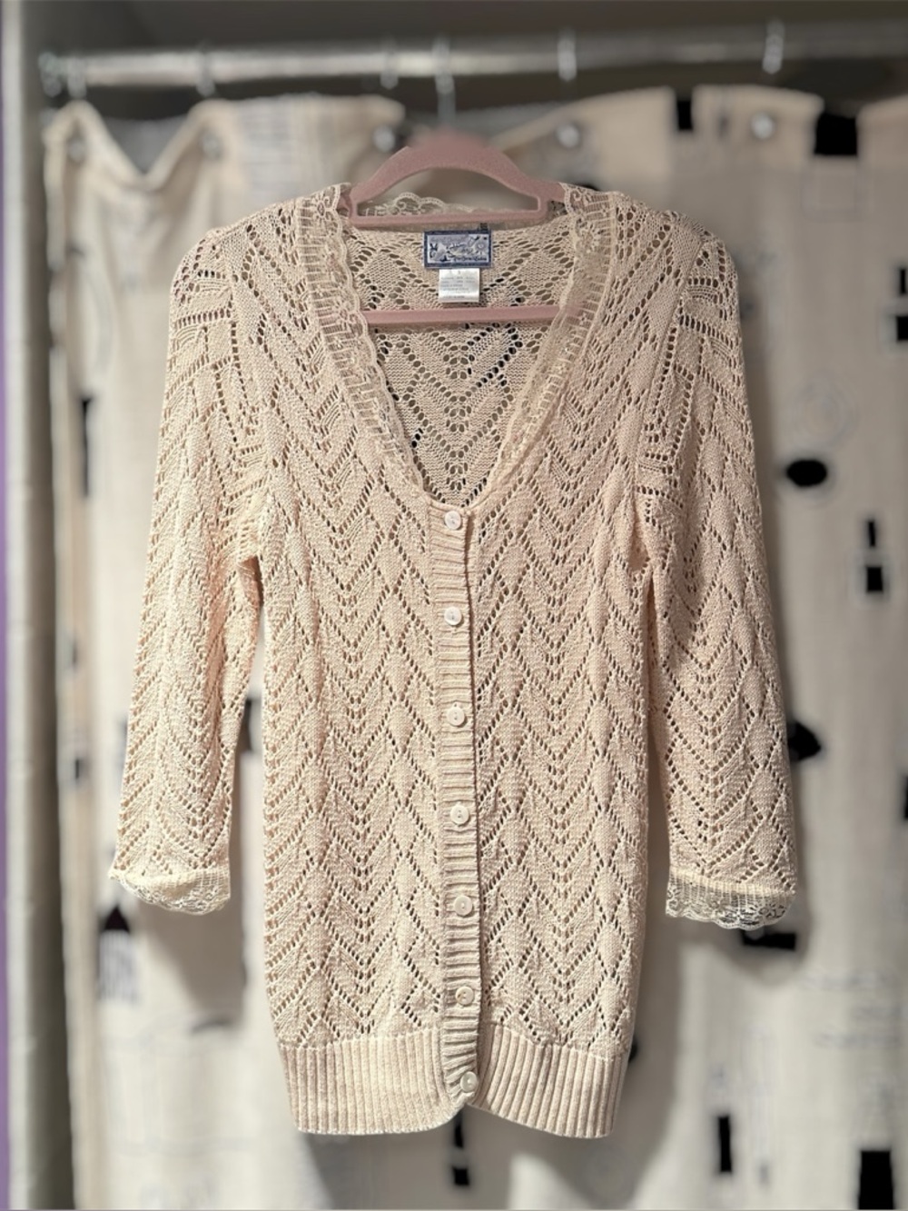 April Cornell “Camila” Women’s Ivory/Ecru Crochet + Lace Knit Cardigan Vintage